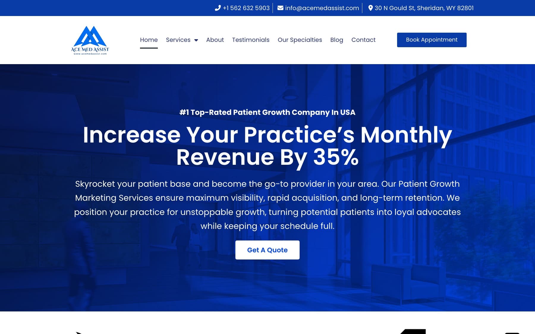 The Ace Med Assist homepage for its medical billing and patient growth services