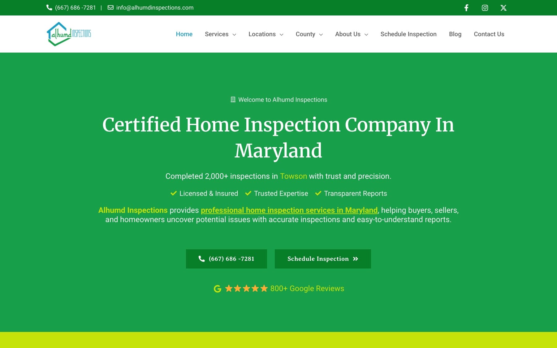 The Alhumd Inspections homepage, headed Certified Home Inspection Company in Maryland