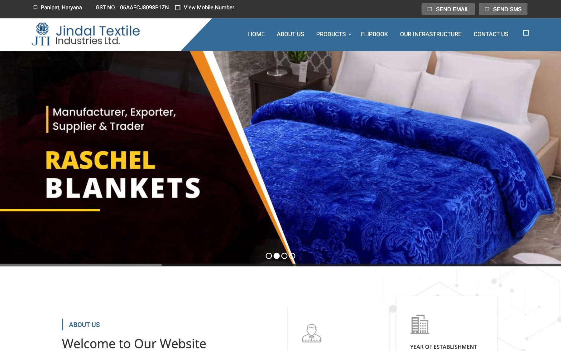 The Jindal Textile Industries homepage showing its Raschel blankets