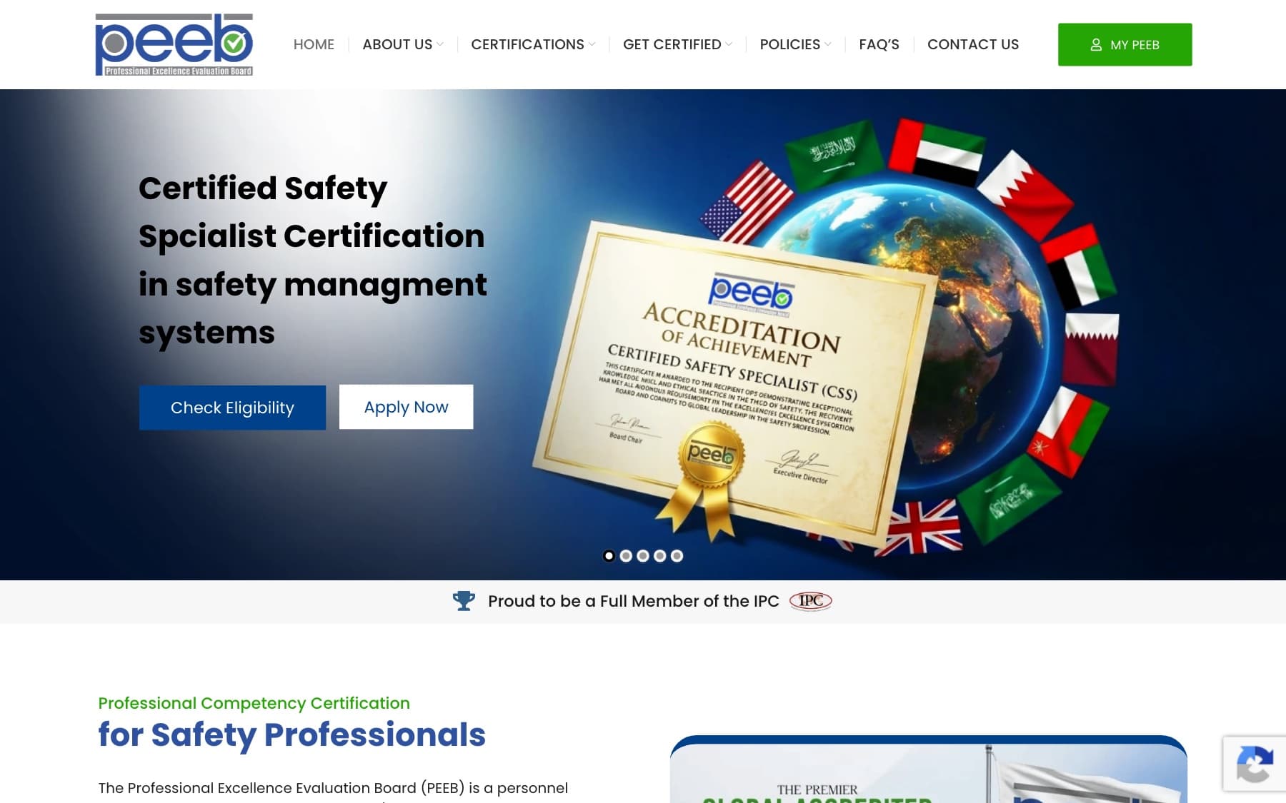 The PEEB Certification homepage for its Certified Safety Specialist certification