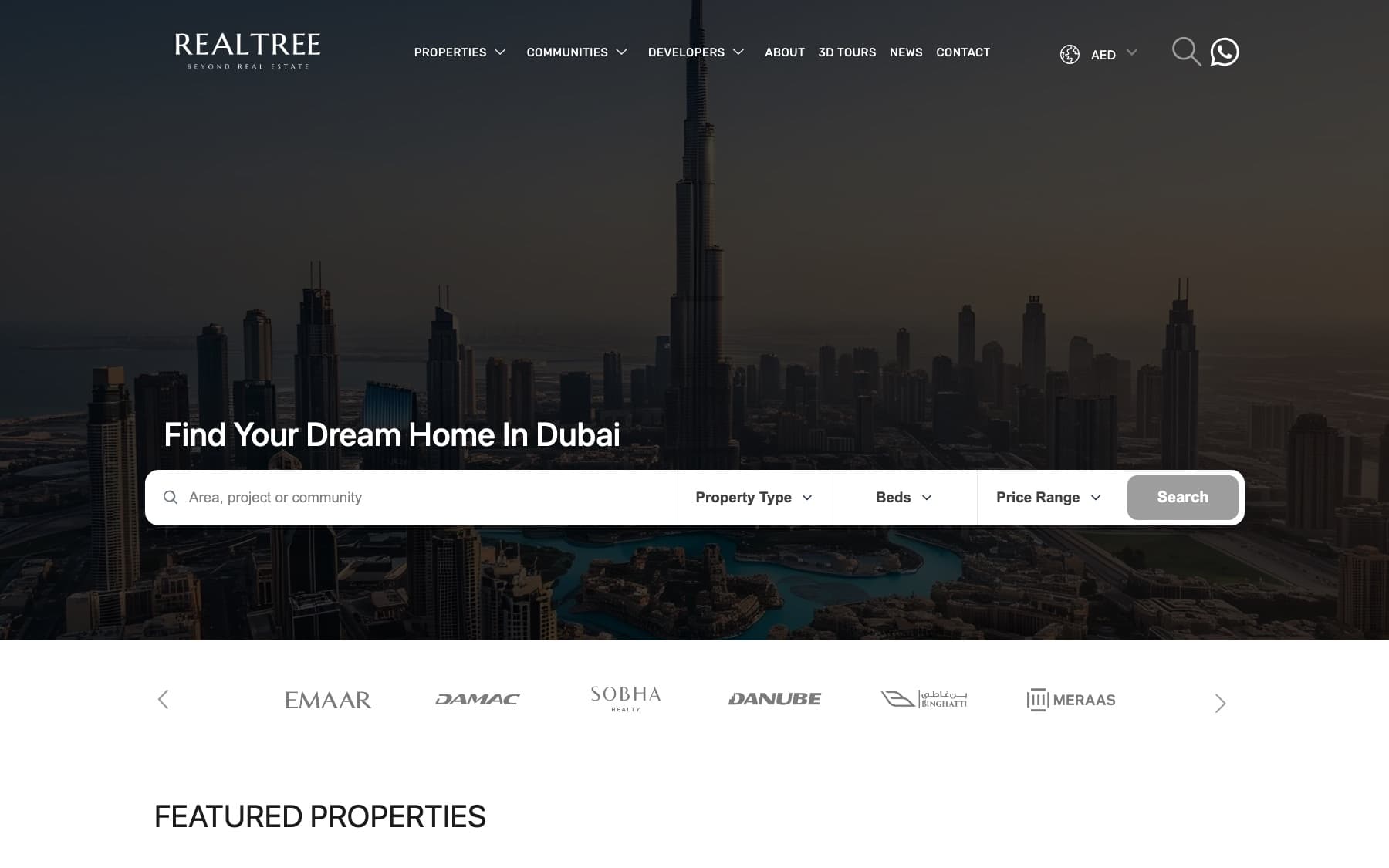 The Realtree Properties homepage, with a Dubai skyline hero and property search