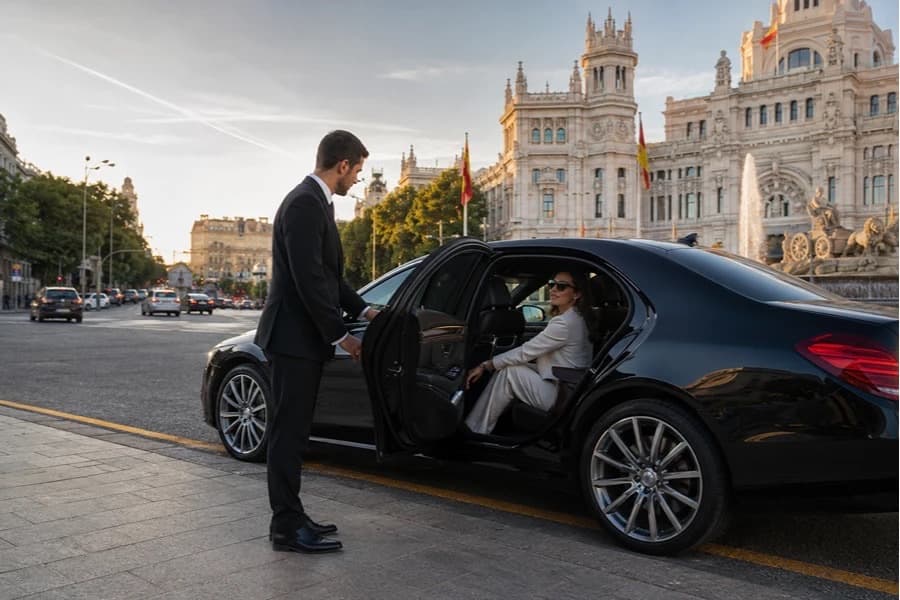 A Royal Ride Madrid chauffeur opening the door of a black Mercedes for a passenger at Plaza de Cibeles, Madrid