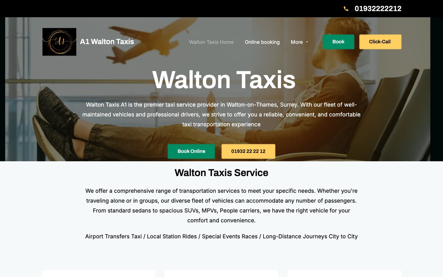 The A1 Walton Taxis homepage for taxis and airport transfers in Walton-on-Thames